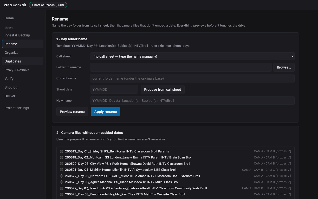 Rename stage: day folder naming proposed from call sheets, preview before apply