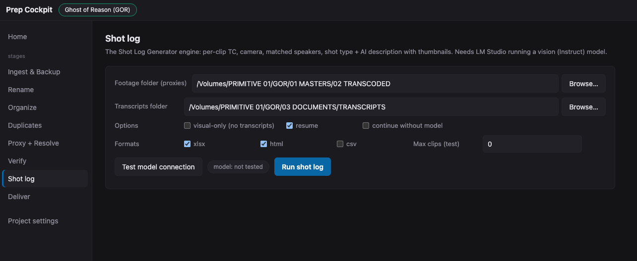 Shot log stage: per-clip timecode, camera, speakers and AI visual descriptions from a local model