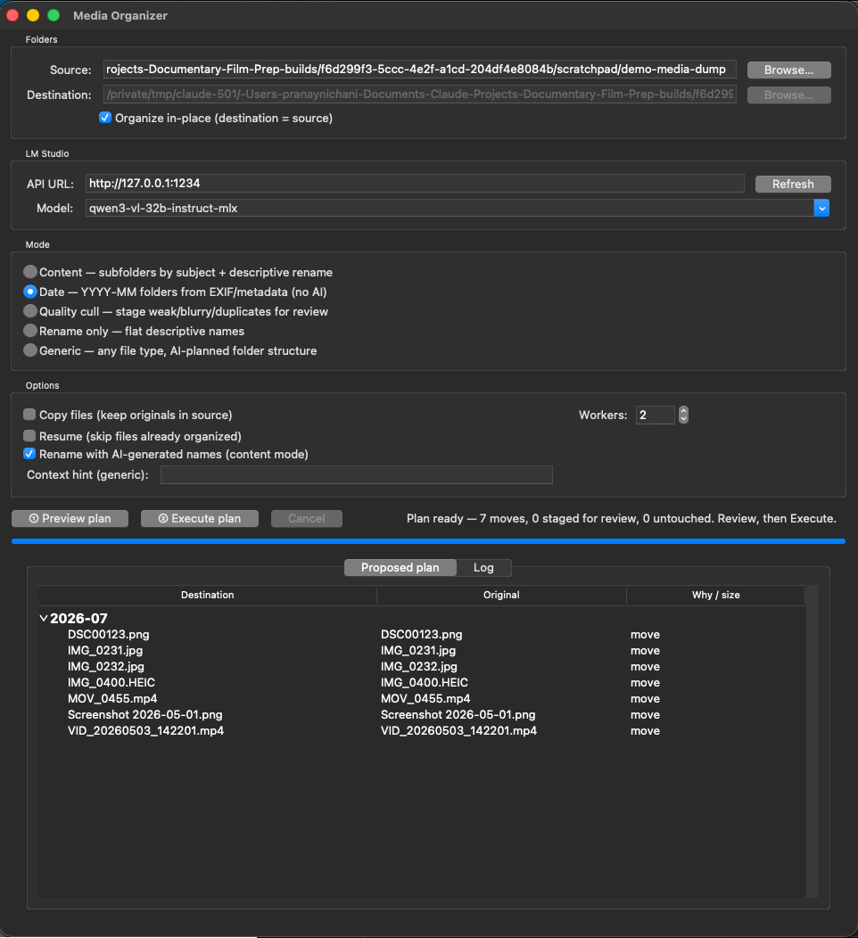 Media organizer app showing a proposed plan of file moves before execution