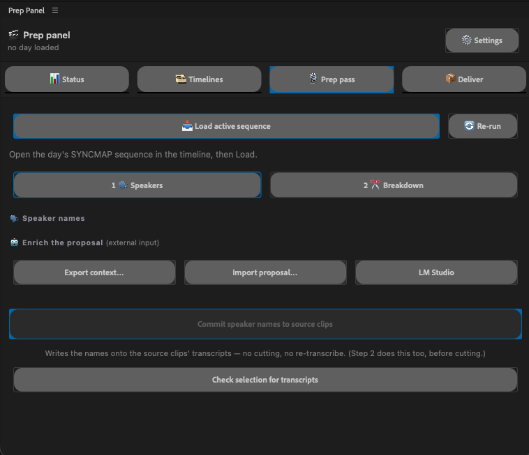 The prep pass inside Premiere Pro: speaker naming and scene breakdown in one panel