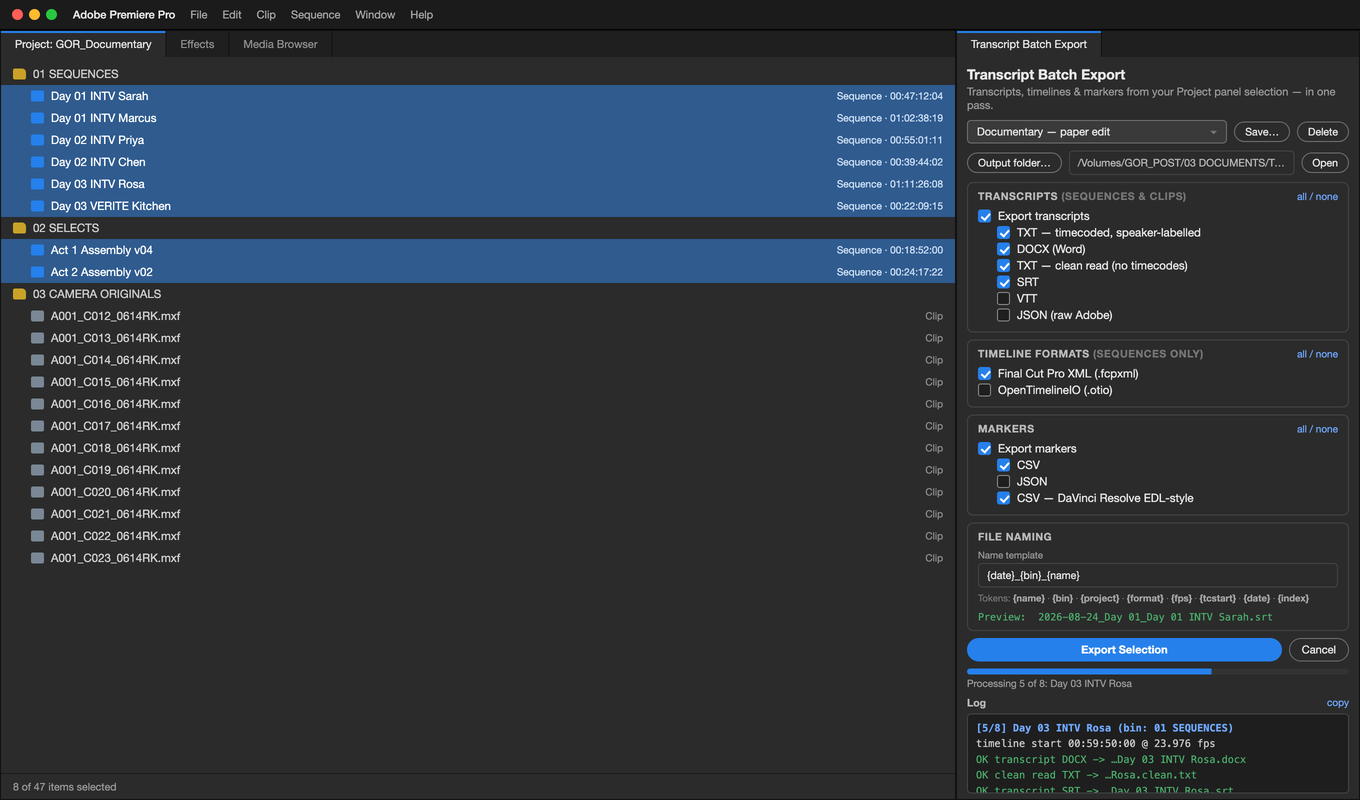 Transcript Batch Export panel docked in Premiere Pro, exporting eight interview sequences in one pass